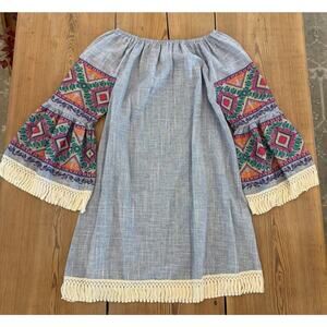 Velzera Off the Shoulder‎ Blue Embroidered Fringe Hem Dress Small